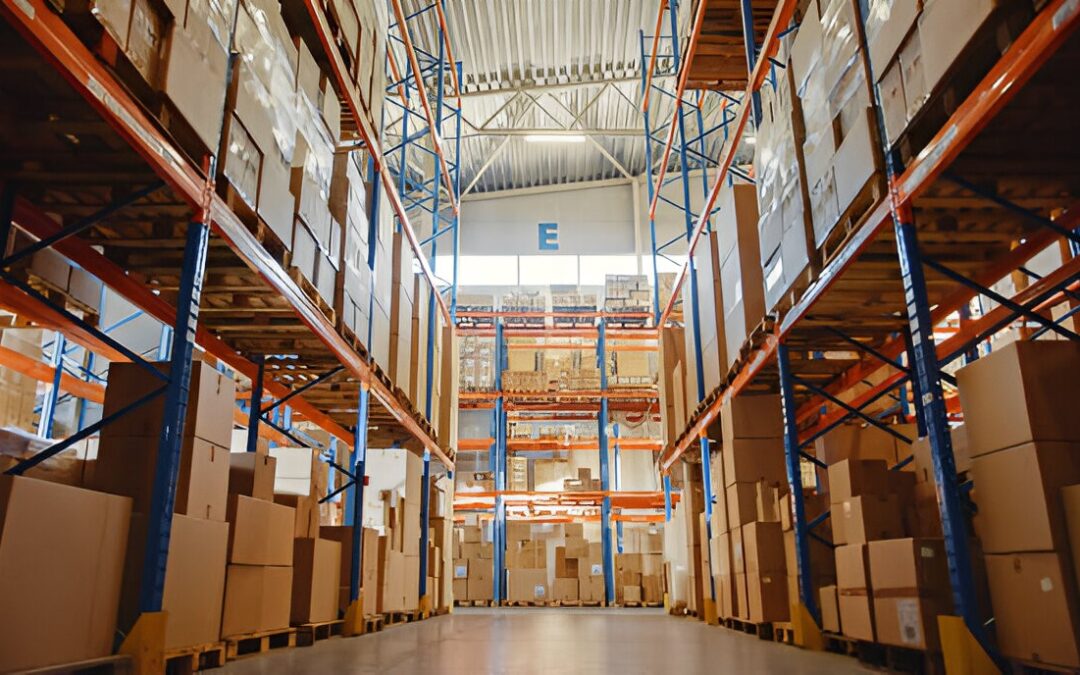 Warehouse storage racks filled with packaged goods representing 3PL logistics operations and inventory management.